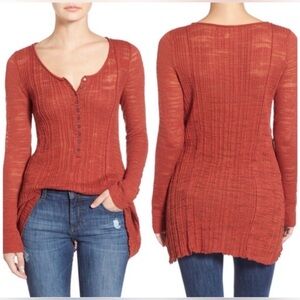 Free People Women’s Sheer Cotton Henley Ribbed Rust Long Sleeve Top Size Small